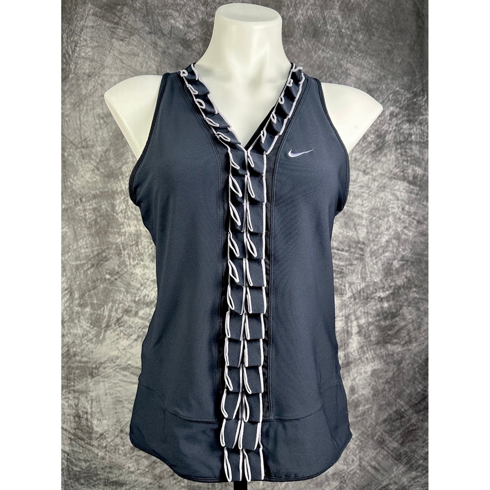 Nike Dri-Fit Ruffle V-Neck Tennis Tank Top Blue White Trim Womens Large